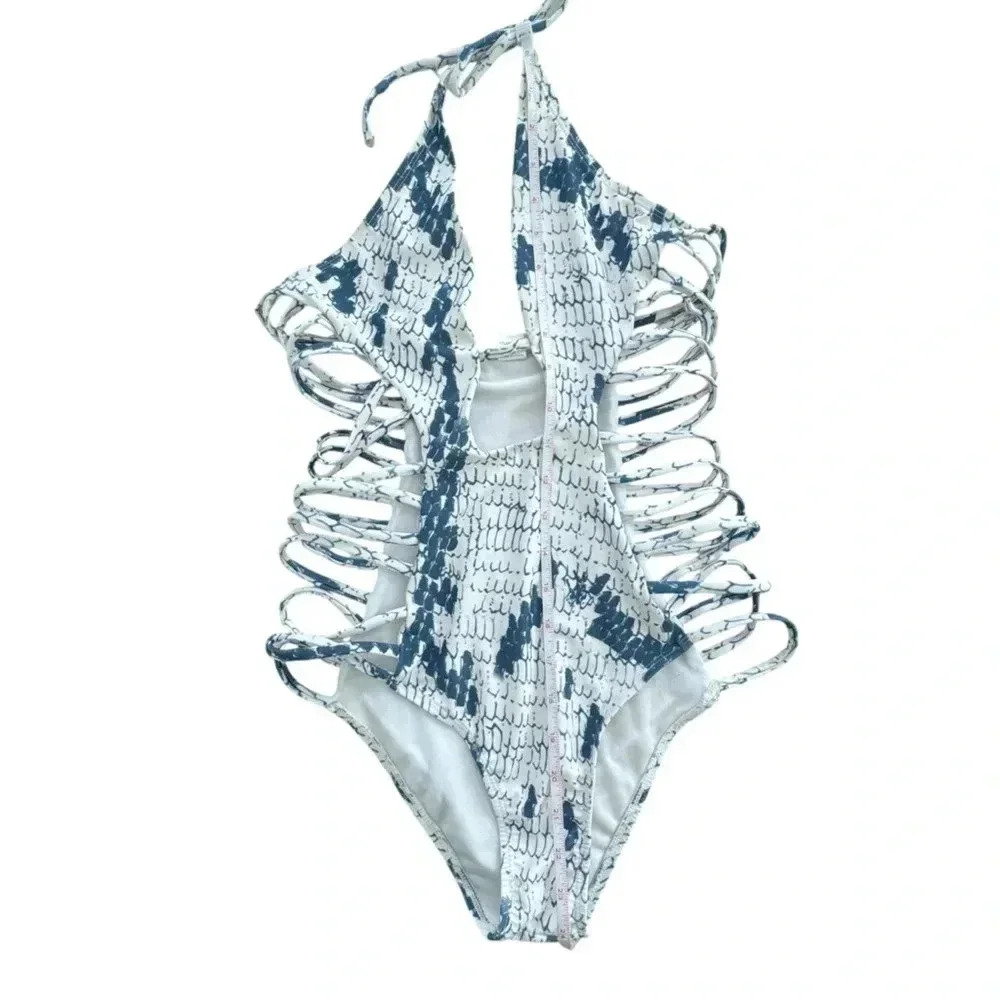 Snakeskin Side Cutout Swim Suit One piece bathing suit vacation beach halter top